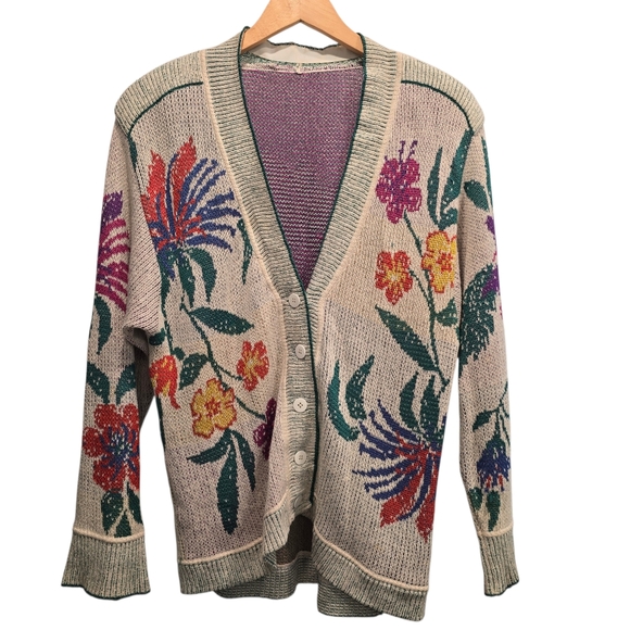 Bogner Vintage Floral Embroidered Beige Cardigan Soze 6 Cotton/Silk - Picture 2 of 16